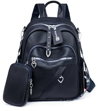 JANSBEN Leder Rucksack Damen Klein, Elegant Cityrucksack Modern Anti-Diebstahl Tagesrucksack Backpack Women Wasserdicht Mini Damenrucksack 2 in 1 für Lässig Schule Reise Arbeit Blau