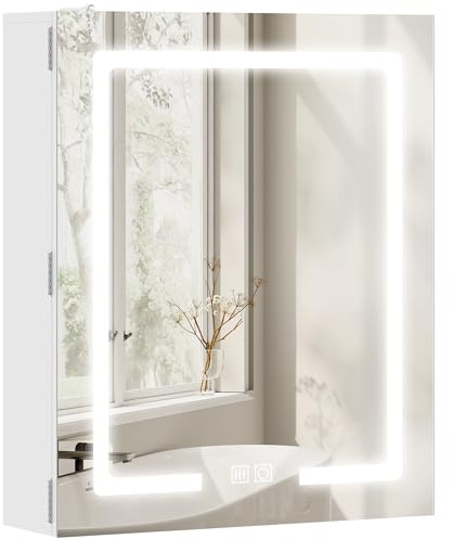 HOMCOM Specchio Bagno Contenitore con Luci LED, 50x15x60 cm Mobile Bagno con Specchio, Antiappannamento, Ripiani Regolabili, 3 Temperature di Colori Dimmabile, Mobiletto da Parete in Vetro, Bianco