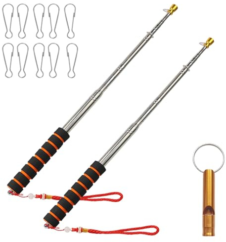 Telescopic Flag Pole,2 Pezzi Asta Telescopica per Bandiera 3M,Palo Bandiera Inox,Portable Stainless Steel Flag Pole,con Non-Slip Handle, Clip and Whistles,per Campeggio,Viaggi su Strada e Feste
