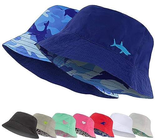 Bucket Hat for Girls & Boys, Packable Double Sided Reversible Beach Sun Kids Bucket Hat (Blue/Camo Shark, 3-6 Years)