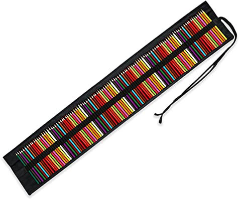 Fatiya Skizzenmappe aus Segeltuch mit 108 Fächern, handgefertigt, aufrollbar, für Buntstifte, Schwarz, Klassisch