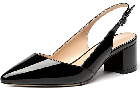 MERRORI Damen Solid Block Pointed Toe Slingback Buckle Patent Chunky Low Heel Pumps Schuhe 2 Zoll, schwarz, 38 EU