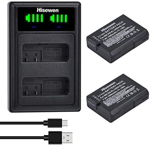 Hisewen EN-EL14 ENEL14a Battery 2 Pack and Dual Charger for Nikon D3200, D5600, D3100, D3500, D3400, D3300, DF DSLR, Coolpix P7800, P7700, P7100, P7000 Camera