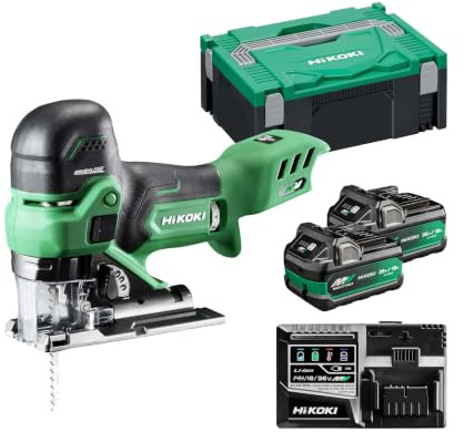 HIKOKI Batteridriven sticksåg (stavhandtag) CJ36DB (36 V, 2 x 2,5 Li-jonbatteri, borstlös motor, geringskärningar R/L: 45 °, sågslag: 26 mm, tomgångslyftning: 800–3500 min–1, leveransens omfattning