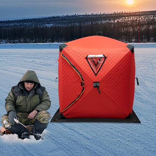 TESUGN Tenda da pesca sul ghiaccio, impermeabile, tessuto Oxford 210D e fibra di vetro, custodia integrata, per pesca invernale e campeggio (rosso)