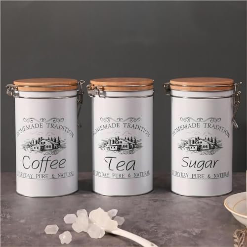 Tuzsocr 3-teiliges Metalldosen-Set, 1000ml Kaffeedose Teedose Zuckerdosen mit Silikondichtung, Retro Vorratsdose mit Deckel, Aufbewahrungsbox Küche für Mehl, Gewürz, Müsli, Kaffee, Tee, Zucker, Weiß