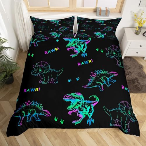 Trippy Dinosour Duvet Cover Set King Size,Wildlife Animals Paws Toddle Bedding Set,Boys Men Room Decor,Watercolor Neon Dinosaur Comforter Cover,Black Cute Quilt Cover,2 Pillowcases(No Filler)