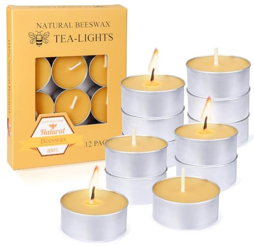 Natural Beeswax Tealight Candles in Metal Aluminum Cup, Yellow, Pack of 12