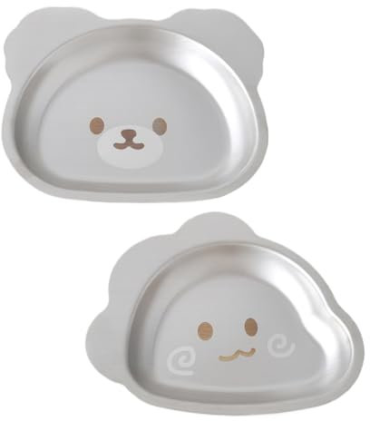 Roinaid 2 Stück Edelstahl Teller Baby,Kinderteller Edelstahl, Beikost Teller Kindergeschirr Cartoon Tierform,Sicher und Praktisch,Perfekt für Babys kleine Hände