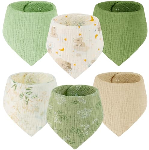 Yukkidds Baby Dribble Bibs 100% Muslin, Bandana Drool Bibs for Teething | 6 Pack, For Baby Girls Boys 0-36 Months Newborn & Toddler, Soft & Absorbent, With Adjustable Snaps, Green Leaf
