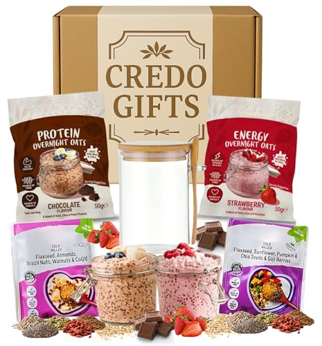 Protein Overnight Oats & Flaxseed Mix Gift Bundle – Strawberry, Chocolate Oats, Chia, Goji, Almond, Walnut, CoQ10 Seed Blend with Portable Breakfast Container – Healthy Food Porridge Kit