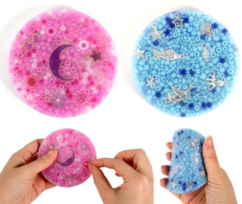 Penitue 2 Pezzi Giocattolo Fidget, Forma Rotonda Gratta-Pad con Perline & Charm Tavoletta Sensoriale per Adulti Bambini ADHD Regalo Terapeutico (Blu, Viola)
