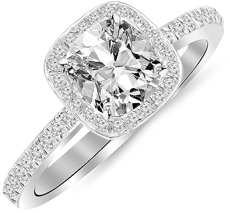 Houston Diamond District 1 Carat t.w. Classic Halo Style Cushion Shape Diamond Engagement Ring with a 3/4 Ct Forever Brilliant Cushion LAB GROWN Center 14K White Gold Size-6