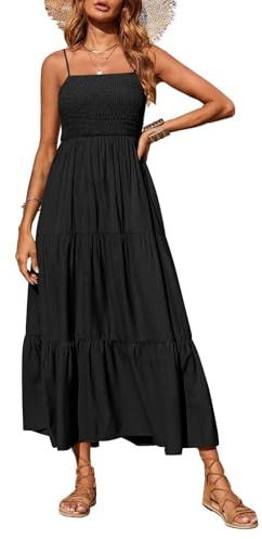 PRETTYGARDEN Women's Summer Maxi Dress 2026 Casual Boho Sleeveless Spaghetti Strap Smocked Tiered Long Beach Vacation Sundresses (Black,M)