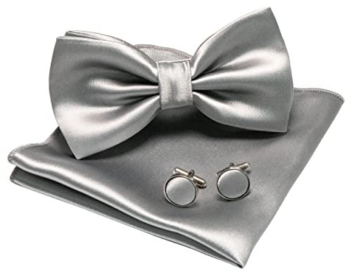 JEMYGINS Herren Fliege Silber5 Satin Fliege und Einstecktuch mit Manschettenknöpfe Sets
