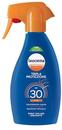 Leocrema - Crema Solare Spray SPF 30, Tripla Protezione dai raggi solari, Assorbimento Rapido e Resistente all'Acqua, 250ml
