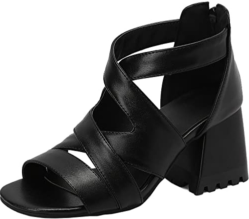 Vrupons Gladiator - Sandali da donna alla caviglia, con cerniere posteriori e tacchi ingombranti, Nero , 32 EU