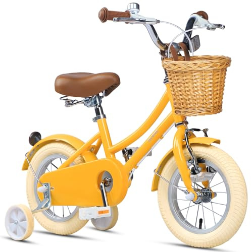 Glerc 12 Pulgadas Bicicleta Infantil Estilo Retro Vintage para niñas de 2 3 4 años con Ruedas de Entrenamiento, Cesta y Timbre, Jaune
