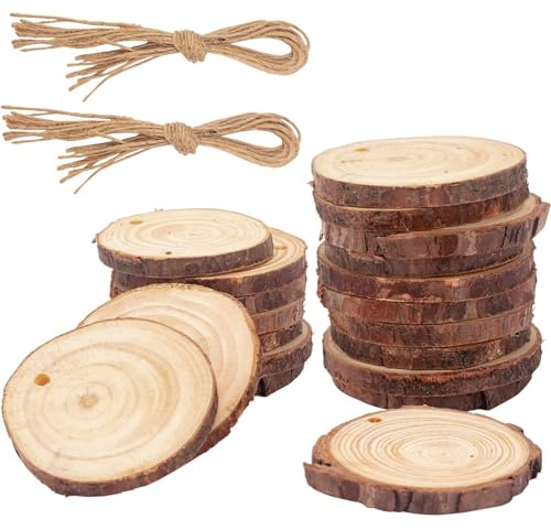 VIKY® Runda träskivor med hål, 20 stycken träskivor 5–6 cm, träskiva för pyssel, träloggskivor, furu, grenskivor, trädstam dekoration, träskivor 5 cm för gör-det-själv hantverk, juldekoration