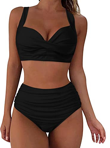 Bikini pour femme, ventre plat, grande poitrine, col en V, motif floral croisé, maillot de bain, bikini deux pièces, taille haute, push-up, pour femme, 2 - Noir, XXL