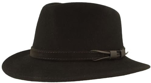 Bred utomhus filt hatt trekking-hatt ullhatt av 100 % ull – hatt vattenavvisande och vikbar – med läderuppsättning – för män och kvinnor, Svart läderrem, 57 cm