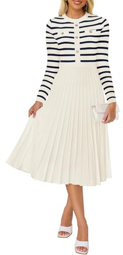 ZESICA Womens Long Sleeve Striped Midi Dresses Crewneck Button Ribbed Knit Pleated A Line Swing Sweater Dress, Apricot, XL