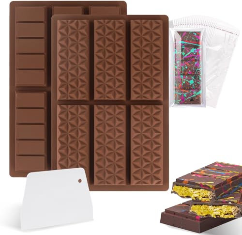 Trukafie 2 Stück Schokoladenform, 6 Zellen Schokoladenform Tief, Rechteck Dreieck Diamant Silikonform Schokolade mit Abstreifer und 100 Stück Beutel für DIY Schokolade Praline Süßigkeiten (A)