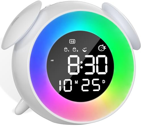 VLICHT Sveglia Digitale per Bambini, Sveglia Bambini da Comodino con Doppio Allarme, 10 Colorate Luci, Snooze, Modalità Giorno della Settimana, 7 Suonerie, 12/24H per Ragazze Ragazzi