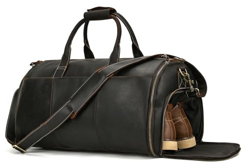 LUUFAN Full-grain Leather Garment Bag Large Capacity Travel Bag Business Suit Carrier Bag with Shoe Compartment, Overnight Gym Sports Duffel Bags for Men Women, Dark Brown