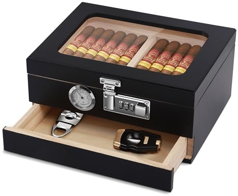 Strixorn Zedernholz Zigarren Humidor Box mit Hygrometer Zubehör Schublade, Glasplatte und Kombinationsschloss Desktop Humidor Fall für Zigarren Schneider Zigarren Punch Zigarrenhalter Aschenbecher