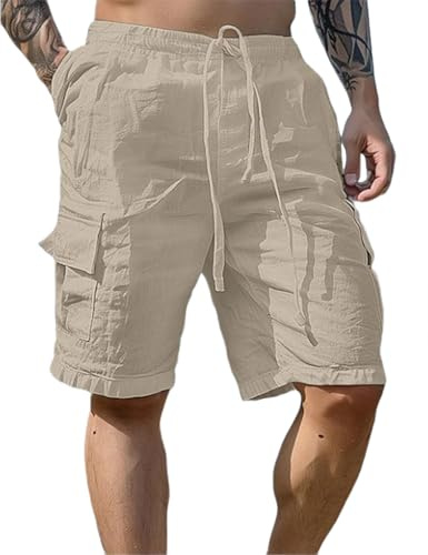 PADOLA Short Homme Coton Lin Bermuda avec 4 Poches Été Plage Cargo Shorts et Bermudas Taille Elastique Short de Travail Cordon de Serrage Uni Baggy Pantacourt Casual Décontracté (1 Kaki, 2XL)