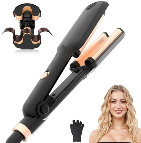 Hair Waver, Mini Crimper, Beach Waves Curler, 3 Barrels Mermaid Waver for Wavy Hair, Wave Curling Iron Crimpers for Women, Lightweight & Compact Size, Double Voltage (Black Gold)
