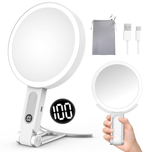 Travel Makeup Mirror with Lights, 1X/20X Magnifying Lighted Makeup Mirror with LED Display ,2-Sided Rechargeable Beauty Mirror with 3 Color Lights & Touch Control, Adjustable Vanity Mirror for Women
