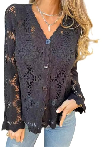 Generisk besidewith cutout, broderad V-ringad långärmad topp, kvinnors blomspets, sommartoppar, genomskinliga spetsblusar, svart, XL