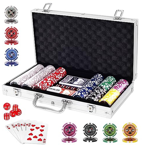 COSTWAY Texas Holdem Poker Set with Chips, 2 Decks of Cards, Dealer Buttons, 5 Dices and Aluminum Case, Casino Style Game Set for Family Friends Party (300 Pieces Silver)