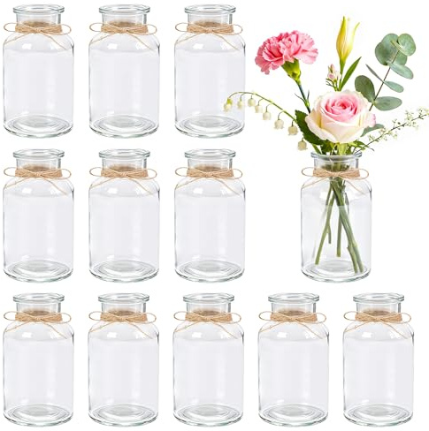 12-pack små knoppvaser i glas, mini vintage för blommor, liten vas set för dekorativt bord, bröllopsfest, hem 250 ml