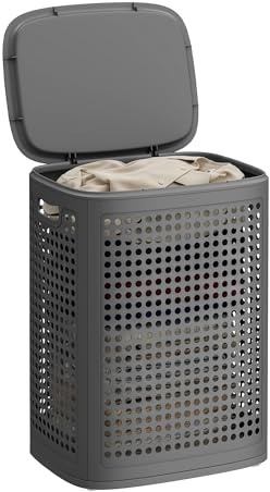 SONGMICS Wäschekorb mit Deckel, Wäschesammler Plastik, 75 L, Wäschetonne schmal, Wäschebox platzsparend, für Badezimmer, Waschküche, Schlafzimmer, dunkelgrau RLH021G101