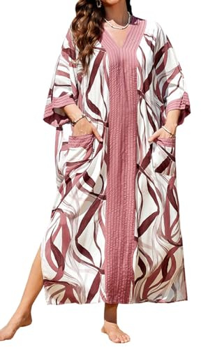 Orshoy Womens Rayon Kaftan Beach Dresses Loose Bikini Cover Ups Maxi Kimono Tunic Bathing Suit Swimsuit Tunic Summer Pink Stripe