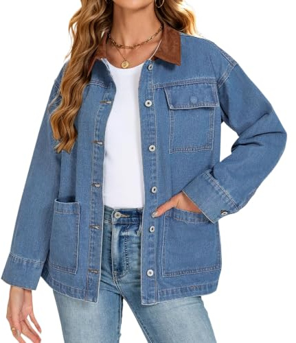 Damjeansjackor Stora, knäppta, långärmade ladugårdskappor | Stor passform, Knappknäppning, Långärmad, Denimtyg, Avslappnad silhuett, Klassisk stil. Avslappnad jacka, Höstjacka,