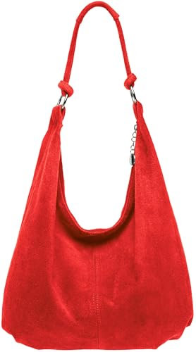 Caspar Große Damen Vintage Veloursleder Tasche Samtweiche Schultertasche aus Leder - CLASSIC LINE - Modell No.617 - Made in Italy, Farbe:rot