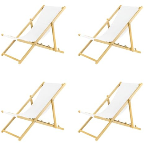 BAS Liegestuhl klappbar aus Holz - 4er Set weiß Leichte Klappliege - Faltbare & verstellbare Sonnenliege für Garten, Strand & Balkon - Gartenliege mit Atmungsaktiv Stoffbezug - Mischgewebe