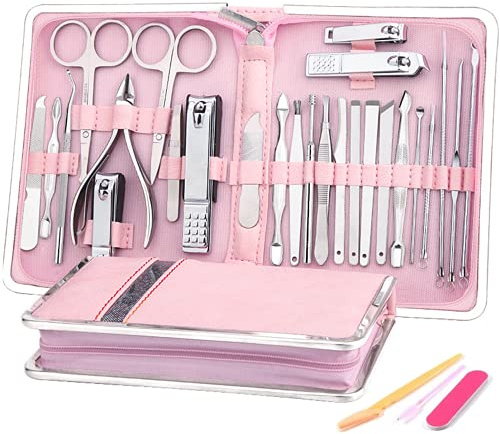 SONGQEE Manicure Set 29PCS Nail Set Nail Clipper Kit for Women/Men，Manicure & Pedicure Sets Nail Clipper Set Professional Stainless Steel Pedicure Set Fashion Grooming Tools for Women (Pink Leather)