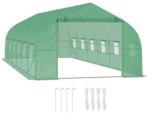 Outsunny Serra da Giardino a Tunnel 8x3x2 m con Porta Avvolgibile, Serra per Orto a Punta con 12 Finestre, Copertura in PE e Struttura in Acciaio, Verde