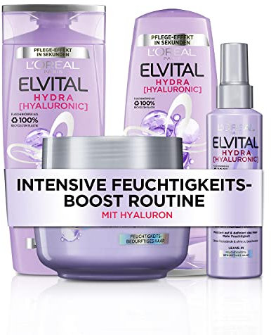 L'Oréal Paris Elvital feuchtigkeitsspendendes Pflegeset mt Shampoo, Conditioner, Serum und Intensivkur, Für glänzendes Haar, Mit Hyaluron für einen Feuchtigkeitsboost, Hydra Hyaluronic