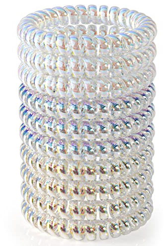 JessLab Spiral Hair Ties, 10 Pcs No-Damage Elastic Bands, Bobbles for Women | Iridescent, Small Clear Coils for Thick or Fine Ponytails, Kids and Girls, Water-Resistant for Swimming, Gym, School