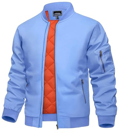 KEFITEVD Giacca bomber da uomo, per le mezze stagioni, leggera, imbottita, bomber militare con colletto alto, tasca sulle maniche, giacca collega, Azzurro, M