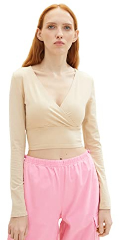 TOM TAILOR Denim 1036542 T-Shirt à Manches Longues Effet Enveloppant, 31700-Dusty Sable Beige, XXL Femme