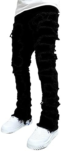 Pantaloni di Jeans da Uomo Gamba Dritta Strappato Pantaloni Uomo Elegante Casual Pantaloni Slim Fit Strappato Skinny Blu Pantaloni Hip Hop Moda Uomo Taglie Forti (Nero, M)