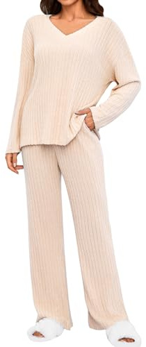 Tuopuda Womens 2 Piece Tracksuit Ladies Ribbed Loungewear Knit Outfits Pyjamas Set Nightwear Homewear V Neck Long Sleeve Jumpers and Wide Leg Trousers with Pockets(Beige,M)