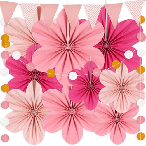 9 Stück Papierblumen zum Aufhängen, Papierfächer Papierblumen Deko mit 2 Stück Zugfahnen, Geburtstagsdeko Mädchen Rosa Deko, Frühlingsdeko Party Deko für Hochzeit, Geburtstag, Babyshower